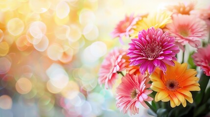 Fototapeta premium A vibrant bouquet of gerbera daisies displays a stunning array of colors, basking in the gentle glow of morning light, evoking joy and tranquility
