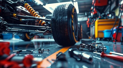 Fototapeta premium Mechanic Adjusting Racing Car Suspension Components with Tools Scattered in a Workshop