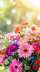 A colorful bouquet filled with various flowers radiates beauty as sunlight filters through, creating a joyful springtime atmosphere
