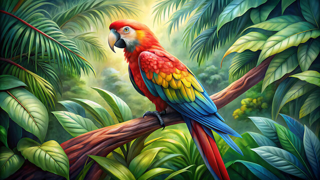 parrots perched jungle in a tree   Rainbow Parrot, bird, canvas art, art work, hand drawn, Vibrant Modern Oil Painting of a Rainbow Parrot: Hand-Drawn Colorful Canvas Art" generative ai