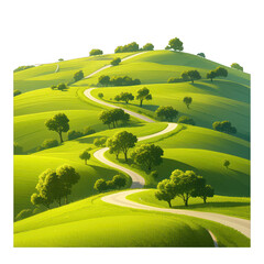 A serene landscape showcasing winding roads through vibrant green hills and lush trees, perfect for nature enthusiasts. transparent background