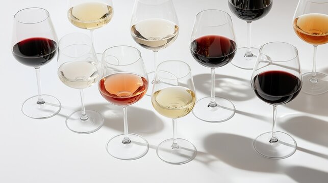 Elegant display of red, white, and ros? wine glasses casting shadows on a clean white background.