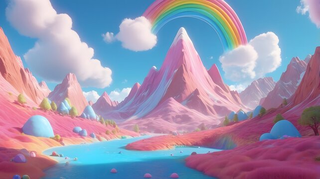whimsical landscape with pink candy mountains, a multicolored rainbow, and soft, fluffy clouds under a clear blue sky sugar river fantasy atmosphere sweet wonderland