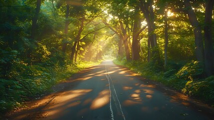 Obraz premium A bright summer solstice drive, the road flanked by lush green trees, sunlight filtering through the leaves creating a pattern of light and shadow, enhancing the lively atmosphere, natural look,
