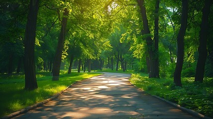 Obraz premium A bright and cheerful summer drive with lush green trees lining the path, dappled sunlight creating patterns on the road, the vibrant foliage adding to the lively atmosphere, natural look, hd quality.