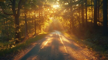 Fototapeta premium A drive bathed in the warm hues of the golden hour, with long shadows stretching across the path, the sunlight filtering through trees, creating a serene and inviting atmosphere, natural look,