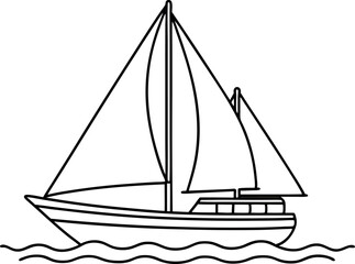Simple Outline of Sailboat on Wavy Ocean Background