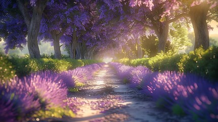 A fragrant drive with lavender fields on either side, the vibrant purple blooms contrasting with the green foliage, trees in full bloom arching over the path,