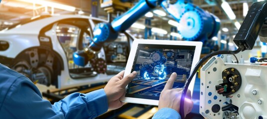 Engineer Using Tablet to Oversee Robotic Car Assembly in Automated Factory, Advanced Industrial Technology