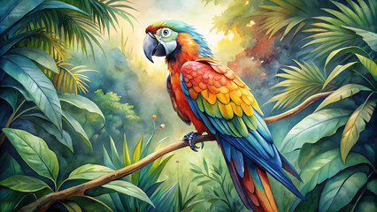 parrots perched jungle in a tree   Rainbow Parrot, bird, canvas art, art work, hand drawn, Vibrant Modern Oil Painting of a Rainbow Parrot: Hand-Drawn Colorful Canvas Art" generative ai