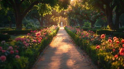 Obraz premium A magical drive through a manicured garden, the path lined with blooming flowers and ornamental trees, the soft light of dawn creating a peaceful and enchanting scene, natural look, hd quality.