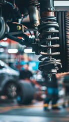 Close-Up Inspection of Car Suspension System in a Well-Lit Automotive Workshop