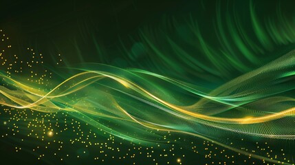 Elegant Green and Gold Wave Background with Radiant Flashes for Banner Design with Text Space