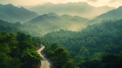Fototapeta premium A magical mountain drive, the road winding through dense forests with trees arching overhead, the rugged mountains in the background,