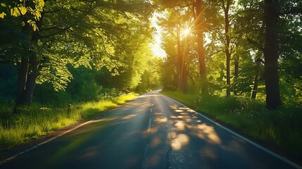 Obraz premium A magical summer drive, the road surrounded by lush green trees, dappled sunlight creating a vibrant and lively atmosphere, the bright foliage adding to the charm, natural look, hd quality.