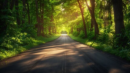 Naklejka premium A magical summer solstice drive, the road surrounded by lush green trees, dappled sunlight creating a vibrant and inviting atmosphere, the bright foliage adding to the charm, natural look, hd quality.