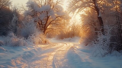 A magical winter drive, the path winding through a snowy landscape, trees heavy with snow, the soft light of the setting sun casting a warm glow on the frosty scene, natural look, hd quality.
