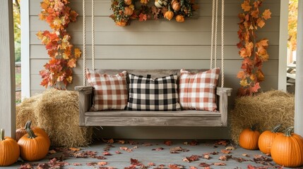 Porch swing in autumn decorated with pumpkins and fall leaves