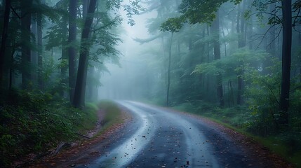 Obraz premium A misty morning drive through a dense forest, the road barely visible through the fog, dew sparkling on the leaves, the soft light of dawn casting a gentle glow,