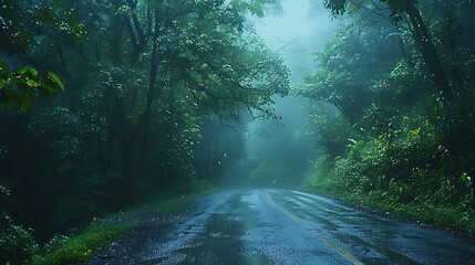 Obraz premium A misty morning drive through a dense forest, the road barely visible through the fog, dew sparkling on the leaves, the soft light of dawn casting a gentle glow,