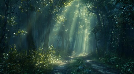 Obraz premium A mystical forest drive, the path bathed in beams of light piercing the dense canopy, the soft glow creating a serene and magical scene, natural look, hd quality. --ar 16:9 --v 6.0 --s 250 --style raw