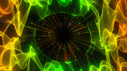 Animation of green lights and particles over 3d mesh spirals floating on black background. Communication technology, abstract digital interface background 