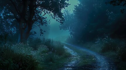 Fototapeta premium A peaceful night drive through a forest, the path bathed in the soft glow of moonlight filtering through the trees, creating a serene and mystical atmosphere,