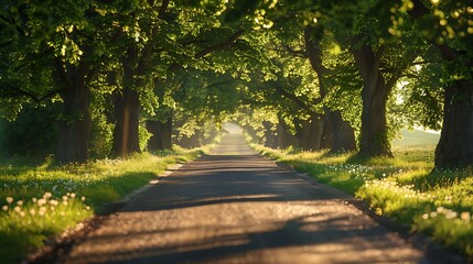A peaceful summer drive with trees in full green foliage lining the path, dappled sunlight casting playful shadows on the road, creating a bright and cheerful scene, natural look, hd quality.