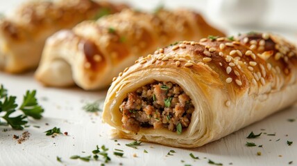 A close-up of a sausage roll, its golden-brown pastry encasing a savory filling.