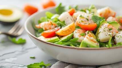 A colorful seafood salad with crab leg meat, fresh greens, avocado, and cherry tomatoes.