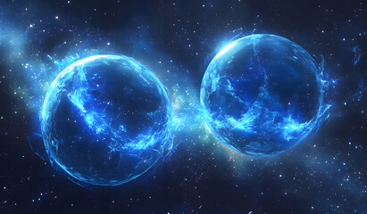 Fototapeta premium Two particles are connected by a mysterious, glowing thread of energy across a dark, star-filled background. physics quantum Entanglement Concept design