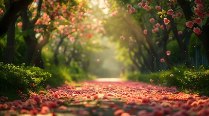 Obraz premium A picturesque drive lined with vibrant spring flowers and budding trees, the path covered in a light sprinkle of petals, sunlight filtering through the fresh green leaves,