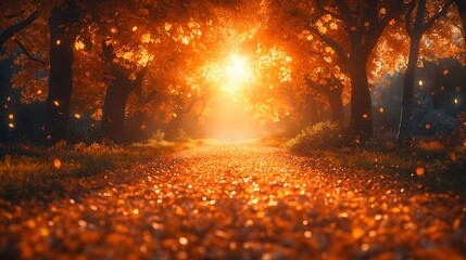 Autumn Road Illuminated by Golden Sunlight and Falling Leaves