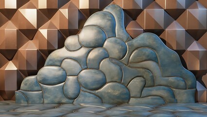 Fototapeta premium 3D Tiles arranged to create a Blue Patina wall. Textured, Triangular Background formed from Polished blocks. 3D Render
