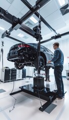 Obraz premium Engineers Testing Car Suspension System on Hydraulic Rig - Dynamics and Stress Analysis for Automotive Development