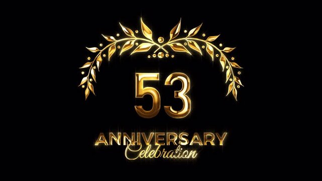 53rd Anniversary Celebration. Happy 53 Years Anniversary Animation in Gold Color on the Transparent Background, Alpha Channel. Great for greetings, celebrations, events, and gifts.