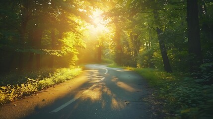 Obraz premium A picturesque drive through a sun-dappled forest, the light streaming through the leaves creating a warm and inviting glow, the vibrant greenery adding to the serene and peaceful atmosphere,