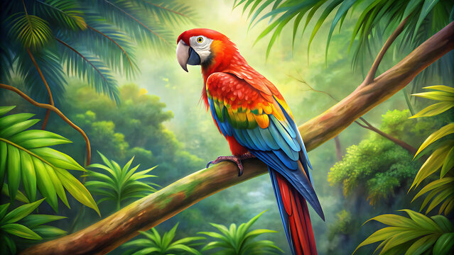 parrots perched jungle in a tree   Rainbow Parrot, bird, canvas art, art work, hand drawn, Vibrant Modern Oil Painting of a Rainbow Parrot: Hand-Drawn Colorful Canvas Art" generative ai