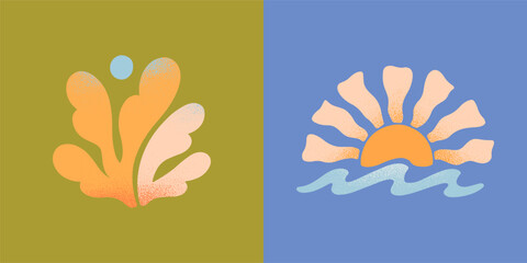 Vector abstract summer nature emblems.Hand drawn coral, sun and ocean waves.Modern graphic in naive simple style for banners,smm,branding,packaging, covers,prints.Summer vacation aesthetic