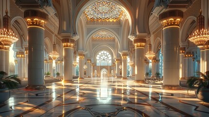 Fototapeta premium Beautiful mosque in Ramadan Kareem or Eid Al Fitr vibes. Islamic mosque architecture building
