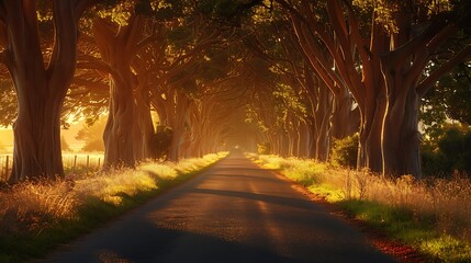 Fototapeta premium A picturesque sunset drive through a tunnel of ancient oak trees, the road illuminated by the golden glow of the setting sun, casting long shadows and dappled light, natural look, hd quality.
