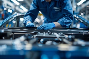 Engineer Adjusting Car Chassis Components on Factory Assembly Line - Industrial Automotive Design
