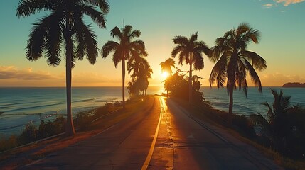 Fototapeta premium A romantic drive along a coastal road, palm trees gently swaying, the ocean waves visible through the branches, the warm light of the setting sun casting a golden glow, natural look, hd quality.