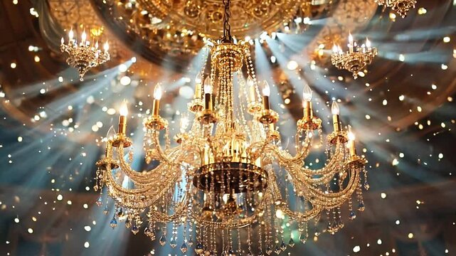 Elegant crystal chandelier illuminating ballroom with falling confetti