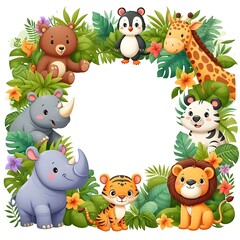 Naklejka premium A framed picture of a jungle with animals and animals 