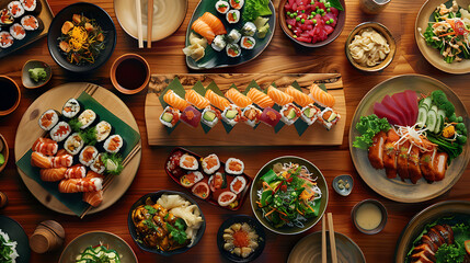 Japanese restaurant dinner table spread in top-down view, array of beautifully plated sushi, sashimi, tempura, surrounded, fresh salads, traditional Japanese food