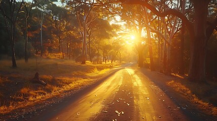 A romantic drive during the golden hour, the road bathed in the soft, warm light, trees casting long shadows, the golden glow creating a serene and inviting scene, natural look, hd quality.