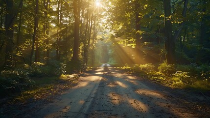 Obraz premium A romantic drive through a forest with sunlight streaming through the leaves, casting dappled shadows on the road, the gentle light creating a magical and serene ambiance, natural look, hd quality.