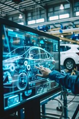Engineers Collaborating on a Digital Whiteboard in an Advanced Automobile Factory Assembly Line