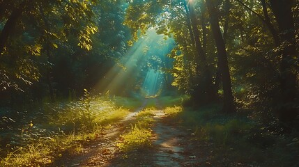 Fototapeta premium A romantic drive through a lightly forested area, the sunlight streaming through the leaves casting dappled shadows on the path, the gentle light creating a peaceful and enchanting atmosphere,